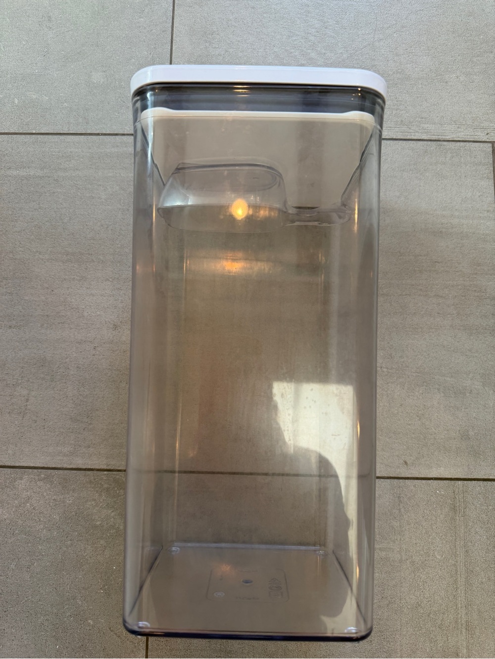OXO brand Clear 6.0 quart storage canister w scoop slot inside on lid! Clever!